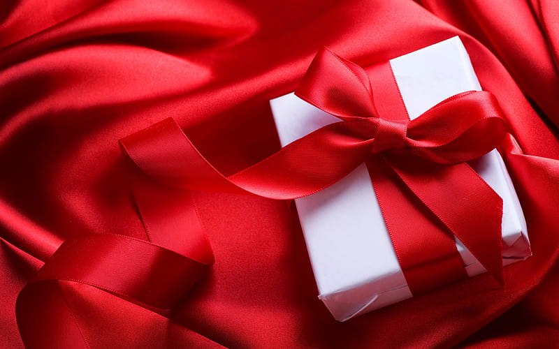 red silk fabric, romantic gift, white box, red bow, February 14, Valentines Day, HD wallpaper