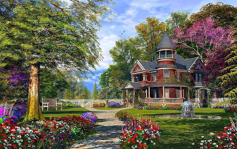 LATE SUMMER GARDEN, cottage, summer, blossoms, colors, garden, HD wallpaper