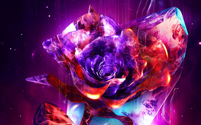 purple 3D rose neon lights, artwork, 3D art, cretive, 3D flower, abstract rose, abstract flowers, HD wallpaper