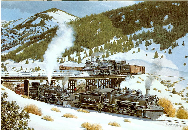 Crossing Railways, locomotives, railway, snow, mountains, steam, HD wallpaper