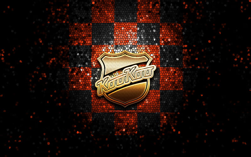 KooKoo, glitter logo, Liiga, orange black checkered background, hockey, finnish hockey team, KooKoo logo, mosaic art, finnish hockey league, HD wallpaper