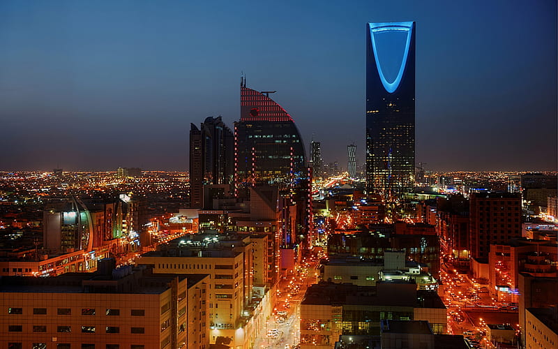 Kingdom Centre, Riyadh, Saudi Arabia, skyscrapers, night, evening, city lights, cityscape, Riyadh City Center, HD wallpaper