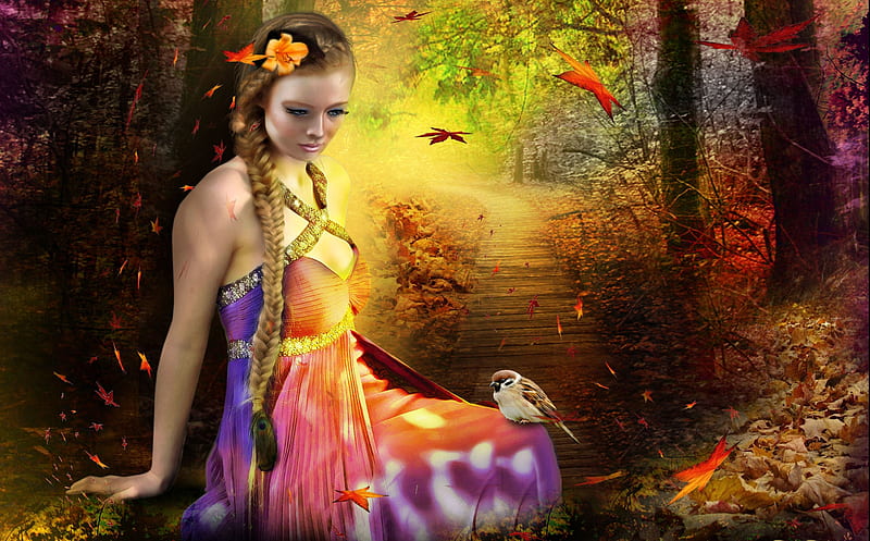 Girl in Autumn Forest, art, fall, pond, leaves, water, digital, sparrow, trees, HD wallpaper