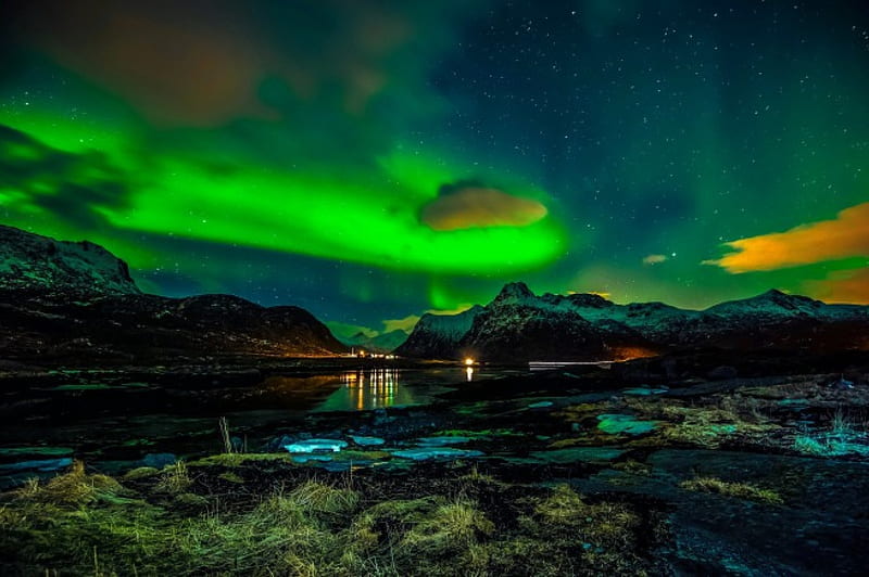 Northern lights, north, stars, amazing, lovely, borealis, bonito, sky, lights, winter, mountain, Lofoten, dark, village, island, Norway, night, HD wallpaper