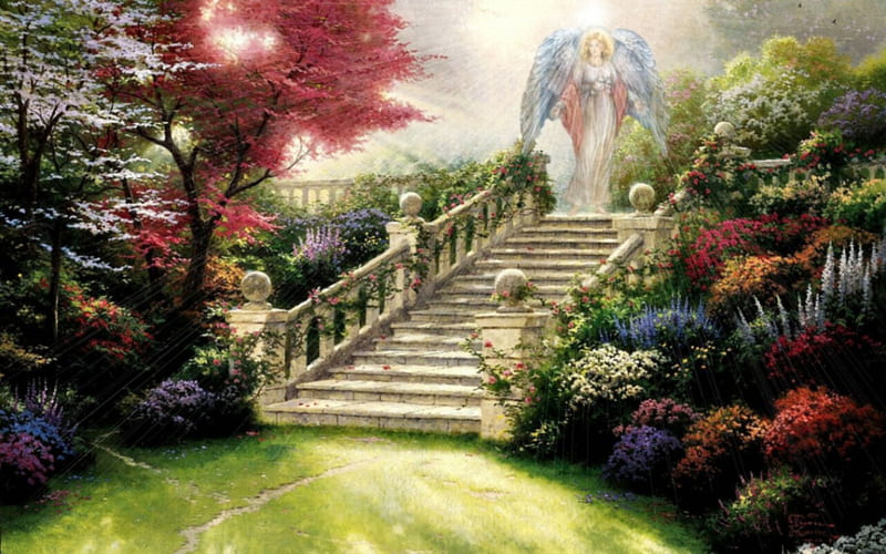 Stairway to Heaven F2, art, angel, artwork, painting, wide screen, garden, stairway, scenery, landscape, HD wallpaper