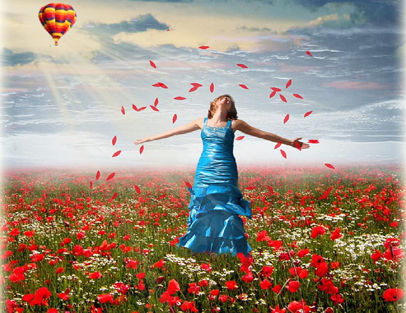 Be , female, dress, lovely, sunrays, girl, air-ballon, flowers, beauty, nature, fields, blue, HD wallpaper