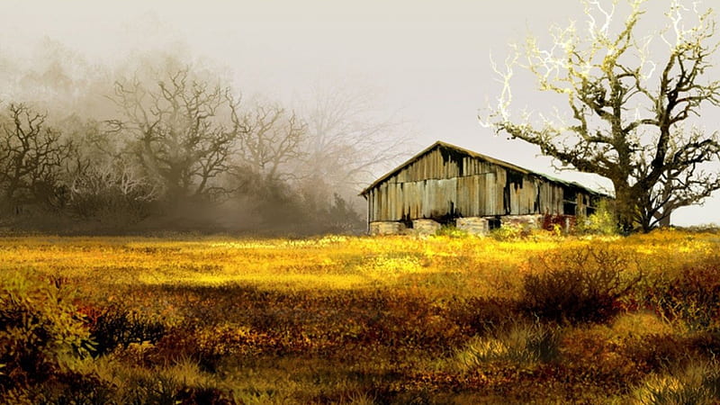 Old Barn and Tree, fall, autumn, grass, trees, barn, painting, field, Firefox Persona theme, vintage, HD wallpaper