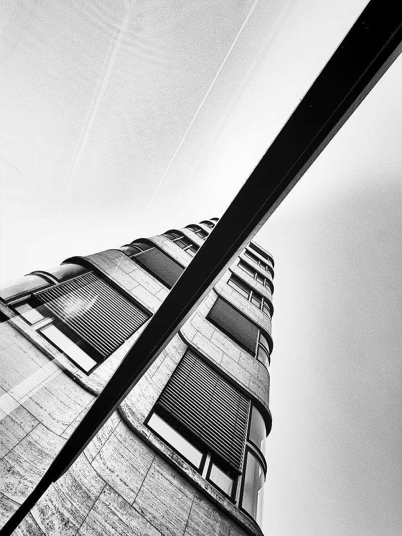 building, bottom view, facade, black and white, HD phone wallpaper