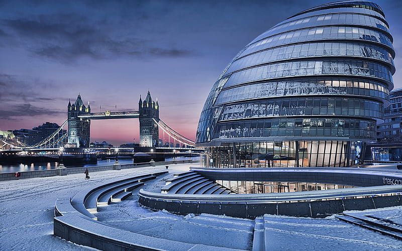 City Hall, Tower Bridge winter, modern buildings, London, UK, R, United Kingdom, England, HD wallpaper