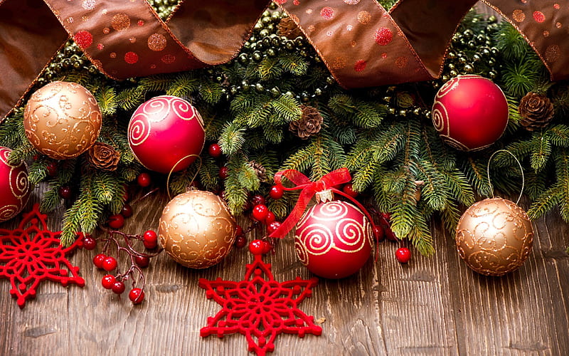 New Year, Christmas balls, Christmas Decorations, red Christmas balls, HD wallpaper