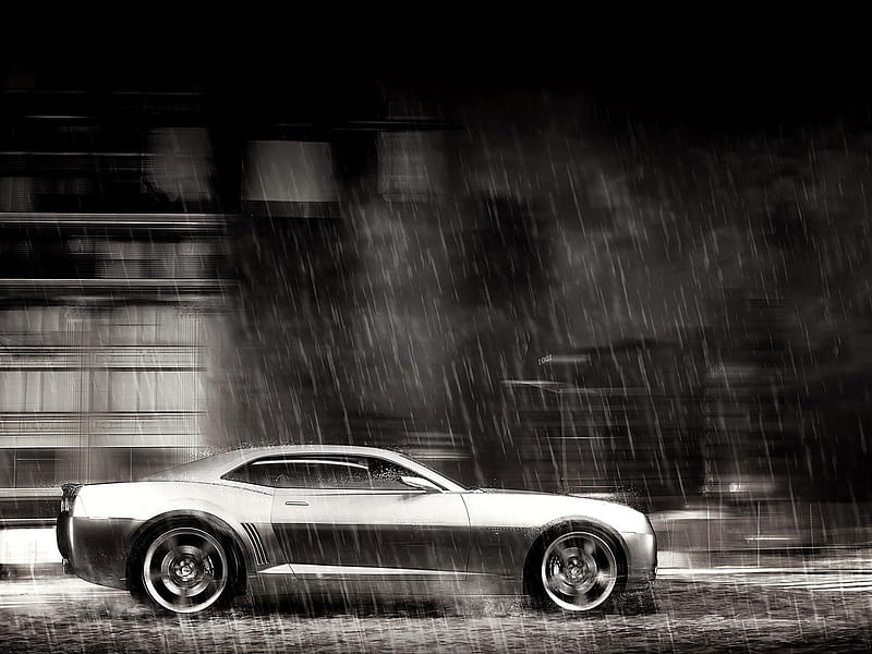 Right Side Rain, camaro, silver, rainy, speed, car, rain, wheel, road, fast, HD wallpaper