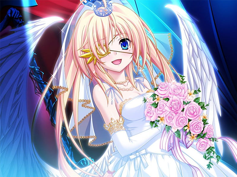 Angel Bride, pretty, veil, wing, sweet, floral, nice, anime, feather, beauty, anime girl, eyepatch, wings, lovely, gown, sexy, happy, cute, crown, dress, divine, bride, bonito, sublime, elegant, blossom, hot, tiara, wed, gorgeous, female, angel, smile, wedding, girl, bouquet, flower, petals, HD wallpaper