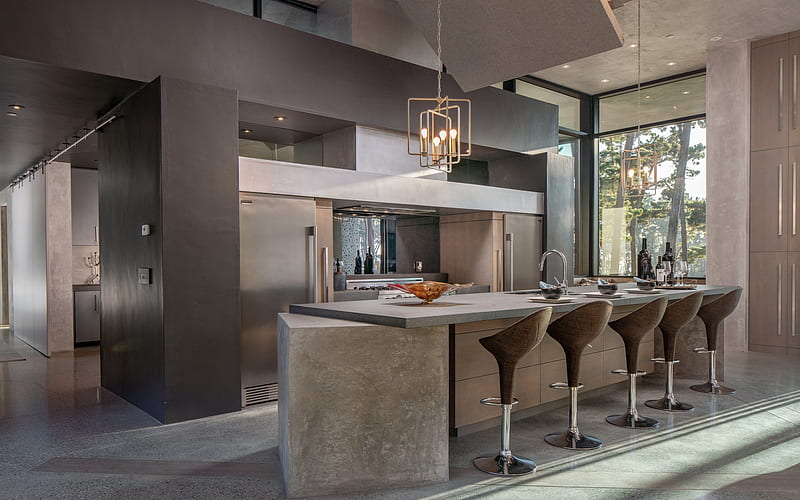 stylish kitchen interior, dining room, gray interior, modern interior design, loft style, gray art concrete, HD wallpaper