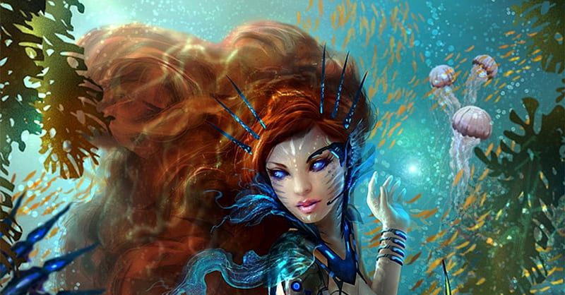 Redhead Mermaid, fantasy, female, mermaid, jellyfish, fsh, sea, HD wallpaper