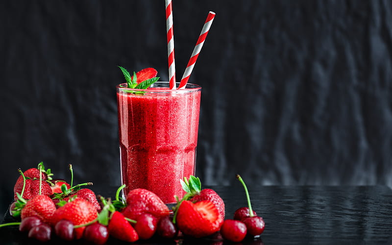 strawberry smoothie, berry smoothie, red smoothie, healthy drinks, strawberry, berries, HD wallpaper