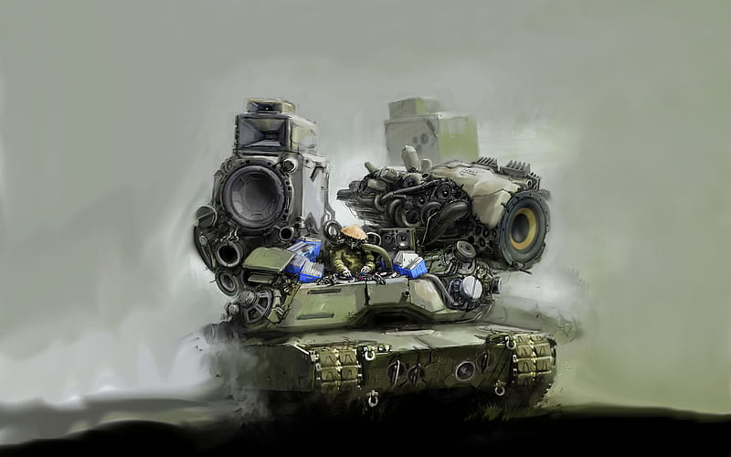 Battle DJ'N, comical, tank, stereo, military, speakers, funny, abstract, dj, HD wallpaper