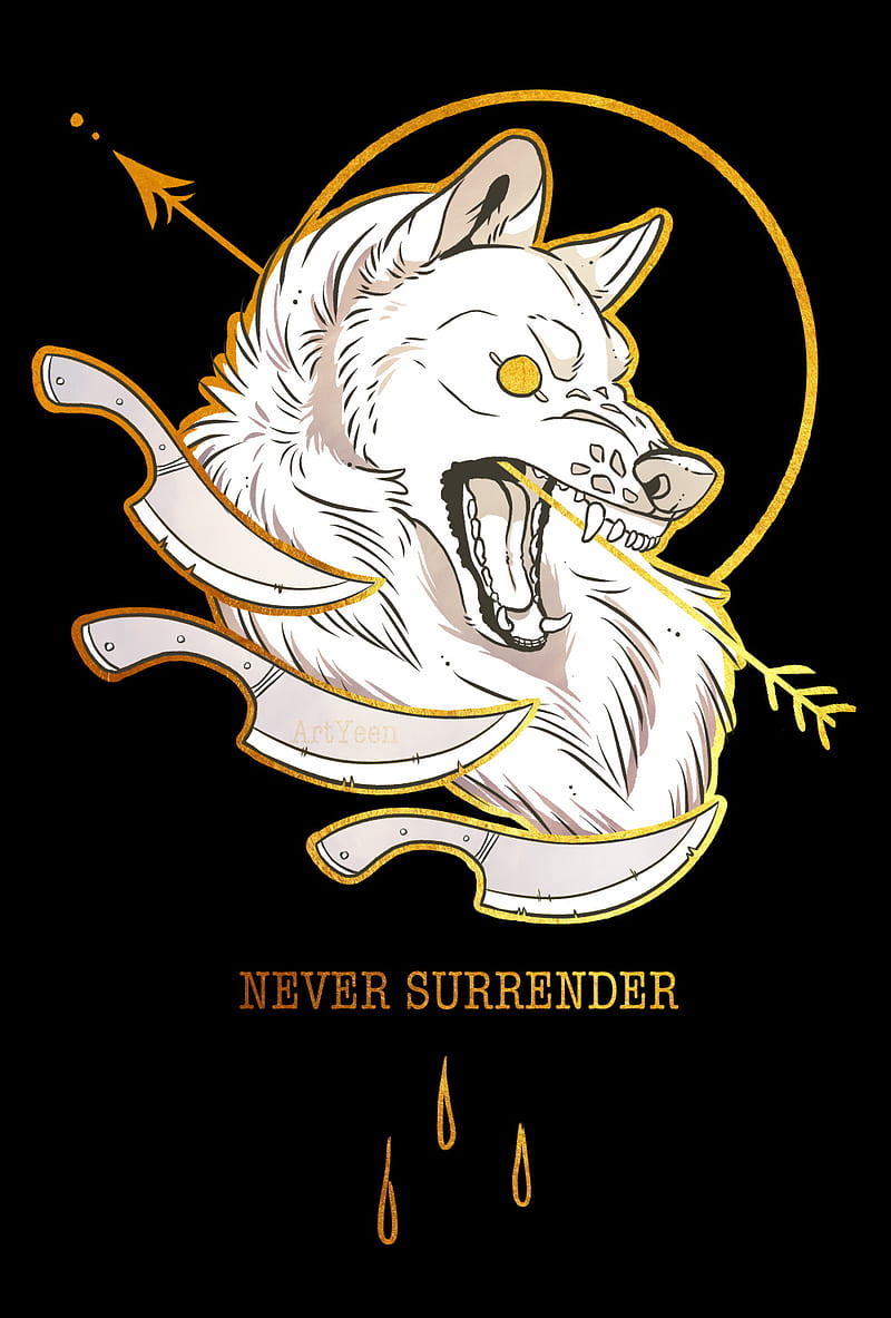 Never Surrender, angry, arrow, black, gold, knives, white, wolf, HD phone wallpaper