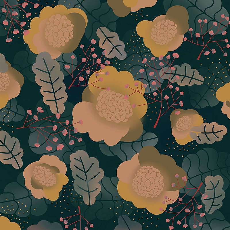 flowers, patterns, pattern, beige, green, HD phone wallpaper
