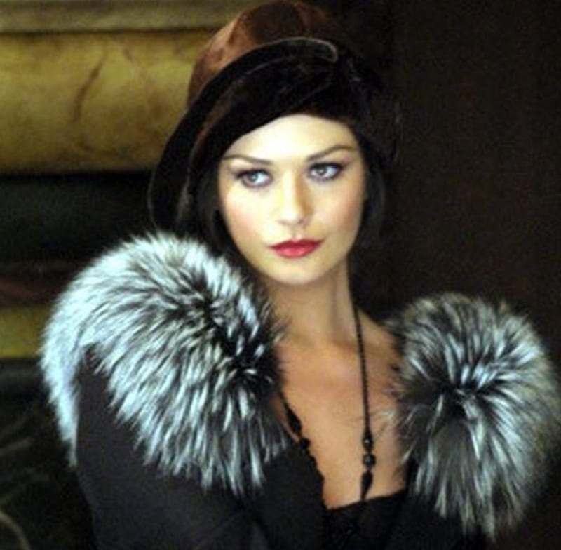 Lady, necklace, black dress, fur collar, beauty, hat, HD wallpaper