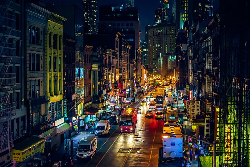 Cities, Night, City, Building, Light, Car, Street, New York, Manhattan, Chinatown, HD wallpaper