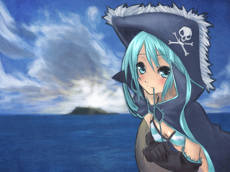 Pirate Miku, pretty, sun, hatsune miku, bonito, clouds, pirate, sea, nice, anime, cape, hot, beauty, sunrise, vocaloids, blue eyes, blue, vocaloid, twintail, ocean, miku, sky, sexy, hat, cute, hatsune, cool, blue hair, awesome, blushing, island, HD wallpaper