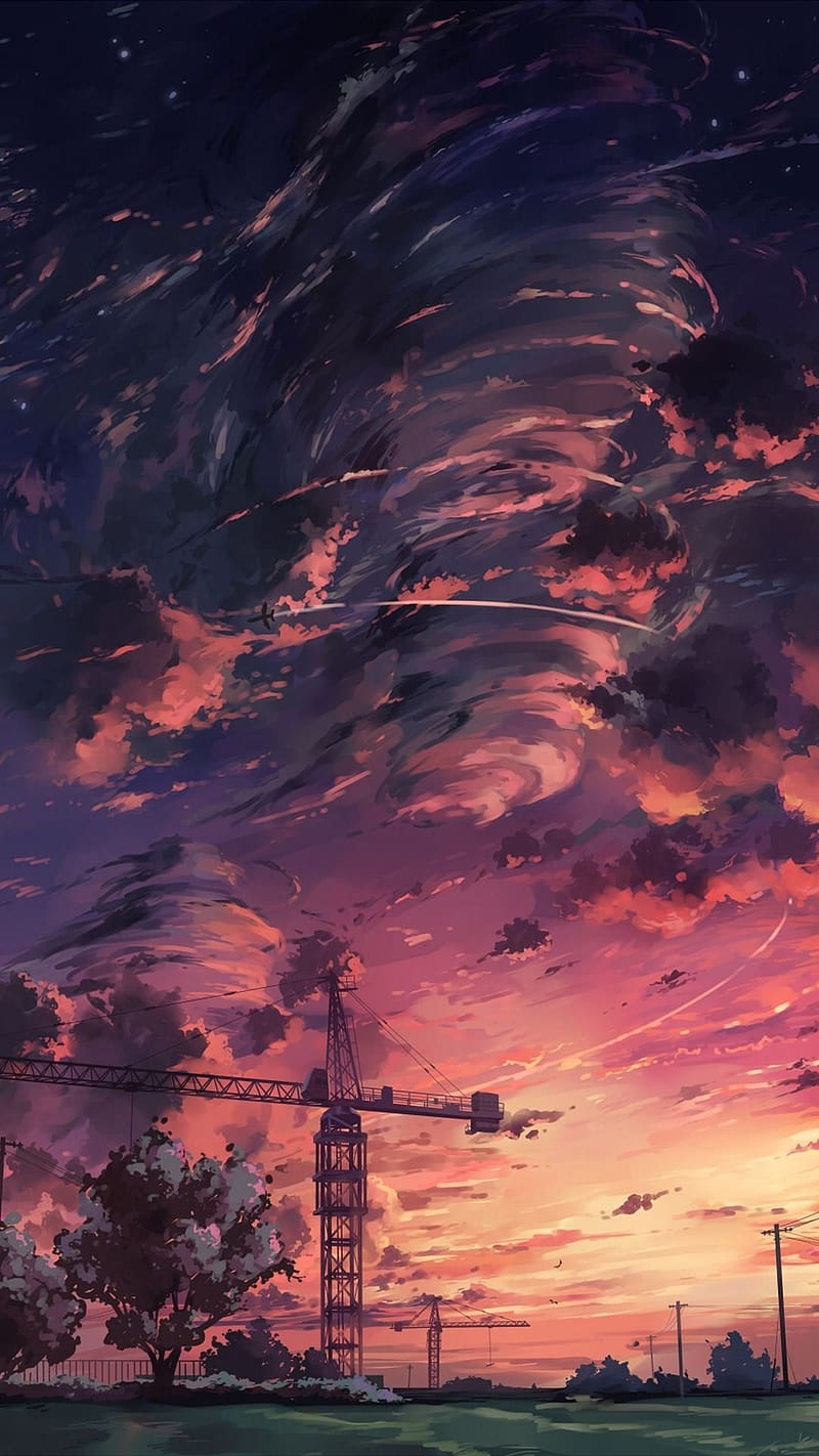 Anime Scenery Pink Clouds And Sky, anime scenery, pink clouds, sky, animation, sunset, HD phone wallpaper