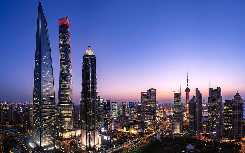 Lujiazui, Shanghai skyline, Lokatse, chinese cities, skyscrapers, China, Asia, Shanghai at evening, HD wallpaper