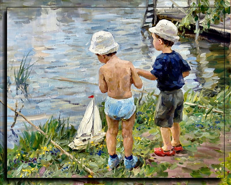 Fishermen , art, little boys, bonito, illustration, artwork, water, painting, wide screen, river, fishing, HD wallpaper