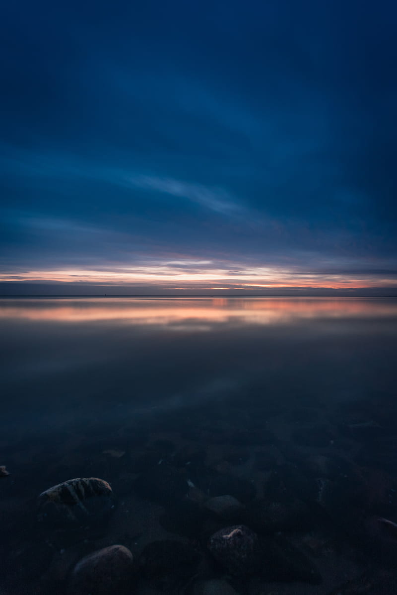 sea, horizon, sunset, evening, twilight, sky, HD phone wallpaper