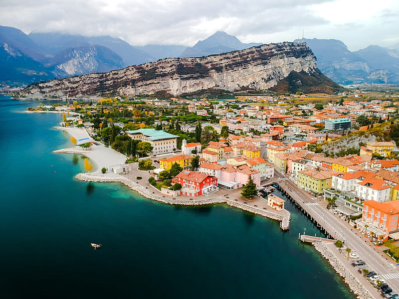 Torbole City, architecture, balla italia, beauty, blue, boat, buildings, cityscape, colours, construction, dock, domolites, drone, europe, holiday, home, horizon, houses, italy, landscape, life, mountains, natural, nature, oxygen, part of the planet, graphy, roofs, HD wallpaper