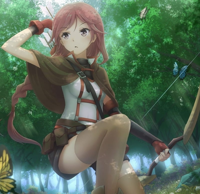 Hunting, pretty, yellow, bonito, gress, bow, woman, butterfly, green, anime, cape, beauty, anime girl, long hair, archer, forest, female, lovely, brown hair, trees, arrows, girl, lady, hunter, HD wallpaper