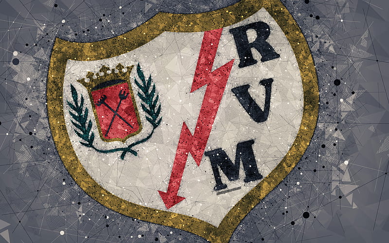 Rayo Vallecano geometric art, logo, gray abstract background, Spanish football club, emblem, LaLiga2, Segunda Division B, Madrid, Spain, football, creative art, HD wallpaper