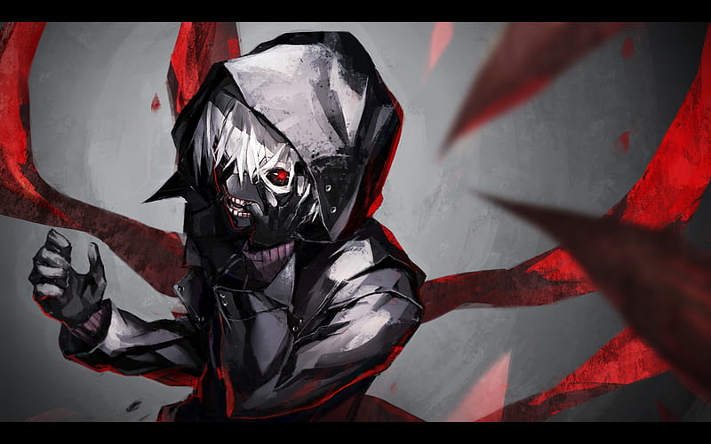 Anime, Mask, Hood, Glove, Jacket, Red Eyes, White Hair, Ken Kaneki, Tokyo Ghoul, Kagune (Tokyo Ghoul), HD wallpaper