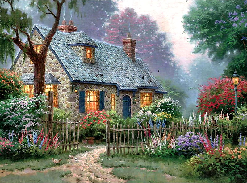 Foxglove Cottage FC, art, cottage, bonito, illustration, Thomas Kinkade, artwork, Kinkade, painting, wide screen, scenery, landscape, HD wallpaper