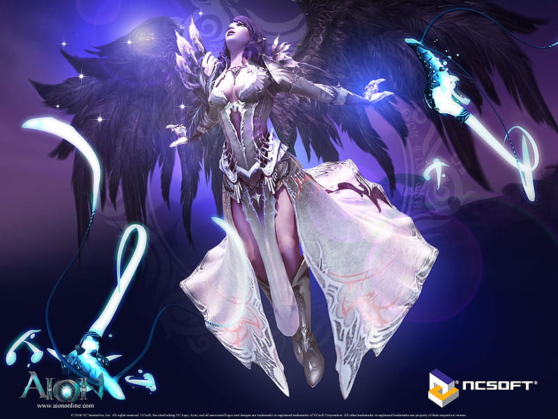 Aion - The Tower of Eternity, the tower of eternity, games, cg, boots, video games, aion, long hair, pointy ears, purple background, female, wings, knee highs, necklace, purple hair, girl, lone, armour, HD wallpaper