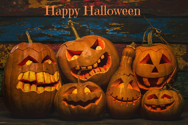 Happy Halloween, carved, holiday, pumpkins, halloween, HD wallpaper