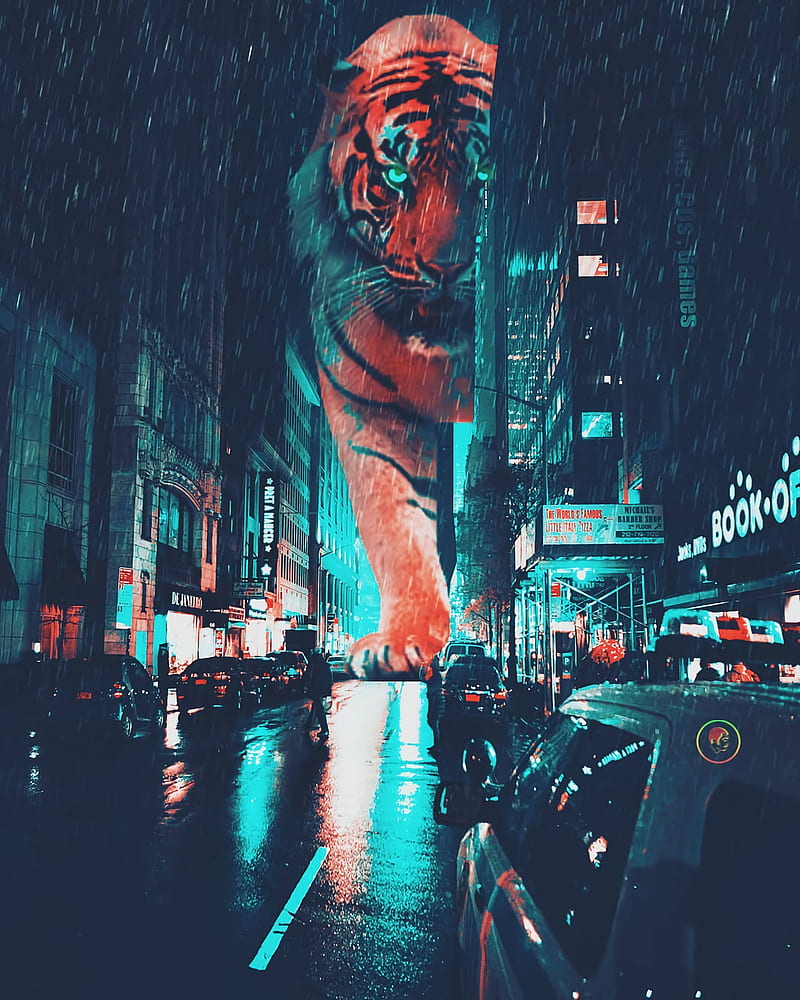 tiger, night city, giant, street, neon, HD phone wallpaper