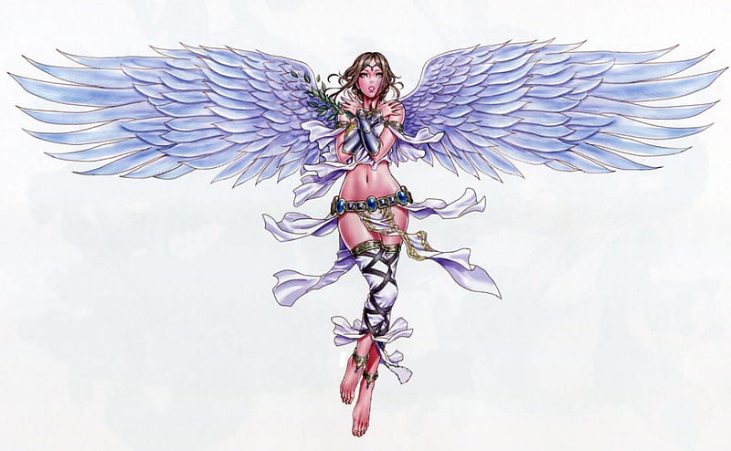 Angel, pretty, wings, lovely, bonito, sweet, cute, girl, anime, beauty, white, long hair, blue, HD wallpaper