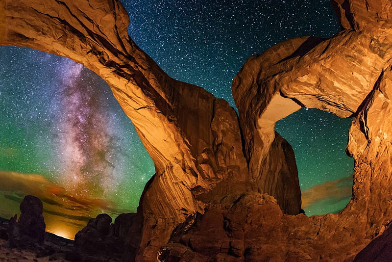 Arches National Park, stars, cool, space, nature, sunset, fun, HD wallpaper