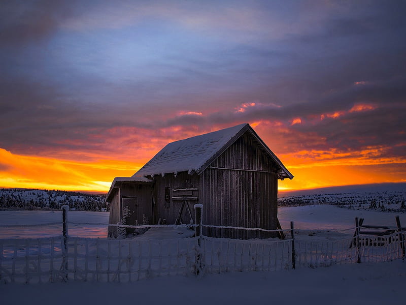 Winter Cottage, house, snow, cottage, sunset, sky, winter, Nature, landscape, HD wallpaper