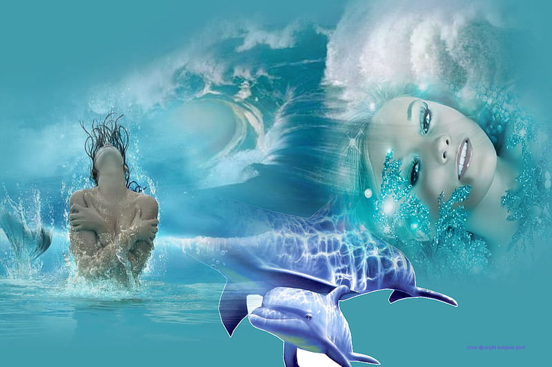 Fantasy for my friend Jackii., dolphin, fantasy, water, joy, blue, women, HD wallpaper