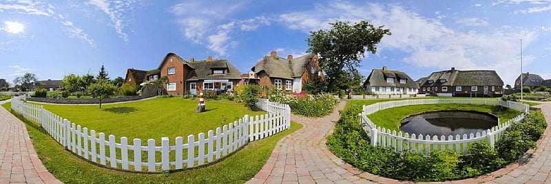 House and white picket fence., pond, fence, house, path, garden, panorama, HD wallpaper