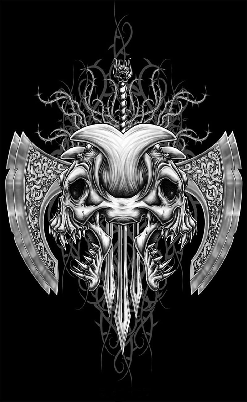 tribal demon, axes, skulls, HD phone wallpaper