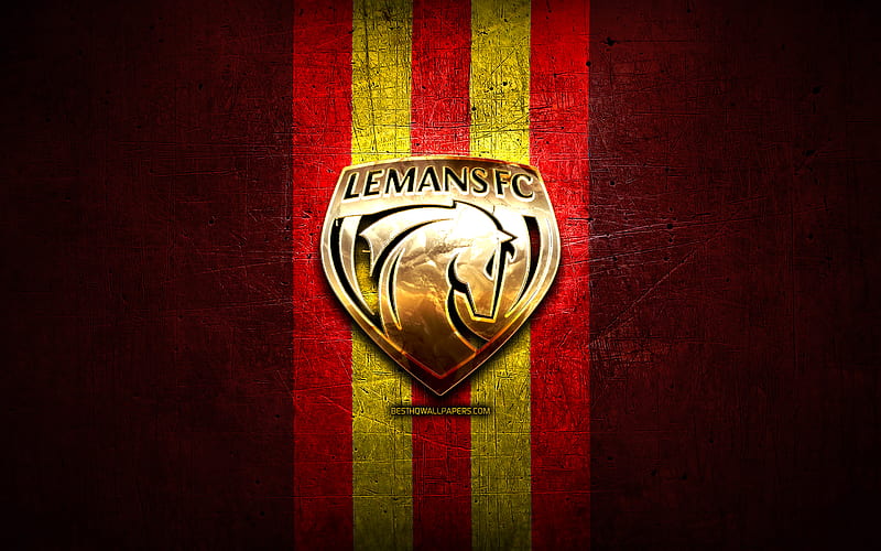 Le Mans FC, golden logo, Ligue 2, red metal background, football, FC Le Mans, french football club, Le Mans FC logo, soccer, France, HD wallpaper