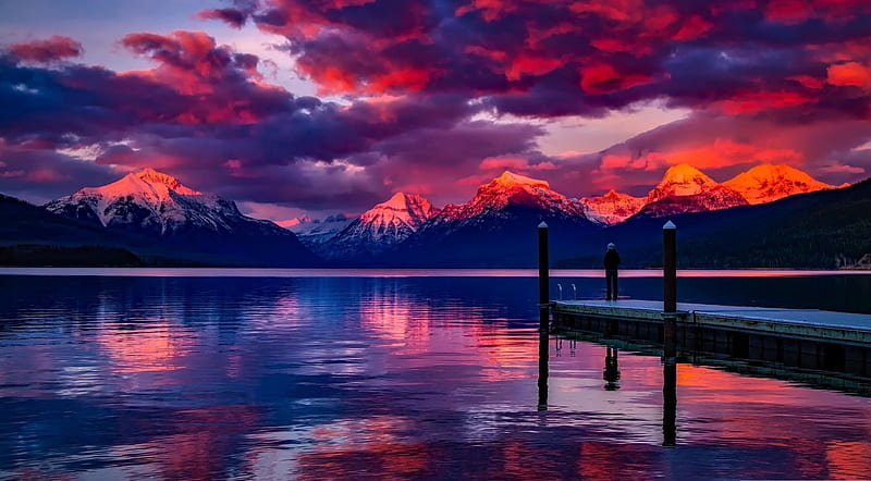 Lake McDonald, Montana, landscape, scene, lake, dawn, sunset, clouds, sky, water, mountains, nature, sunrise, reflection, HD wallpaper