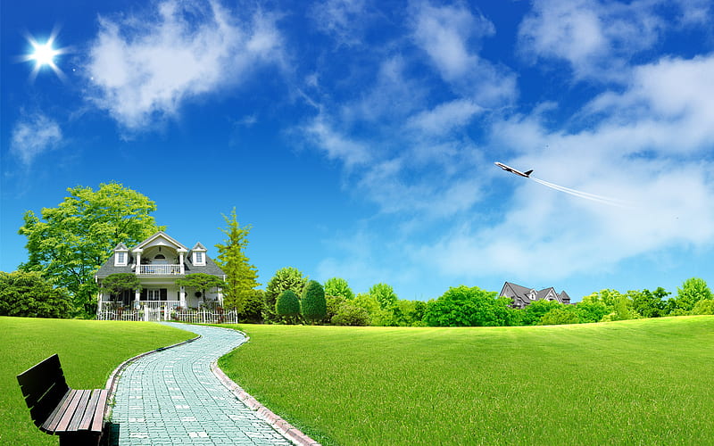 Beautiful Place, grass, houses, bench, trees, abstract, sky, clouds, fantasy, plane, HD wallpaper