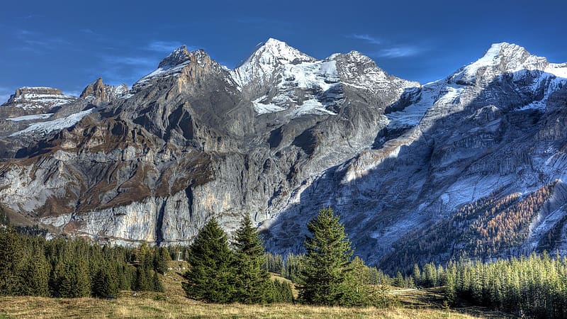 The summit footpath leading to Lake Oeschinen - Switzerland, landscape, trees, alps, Rocks, HD wallpaper