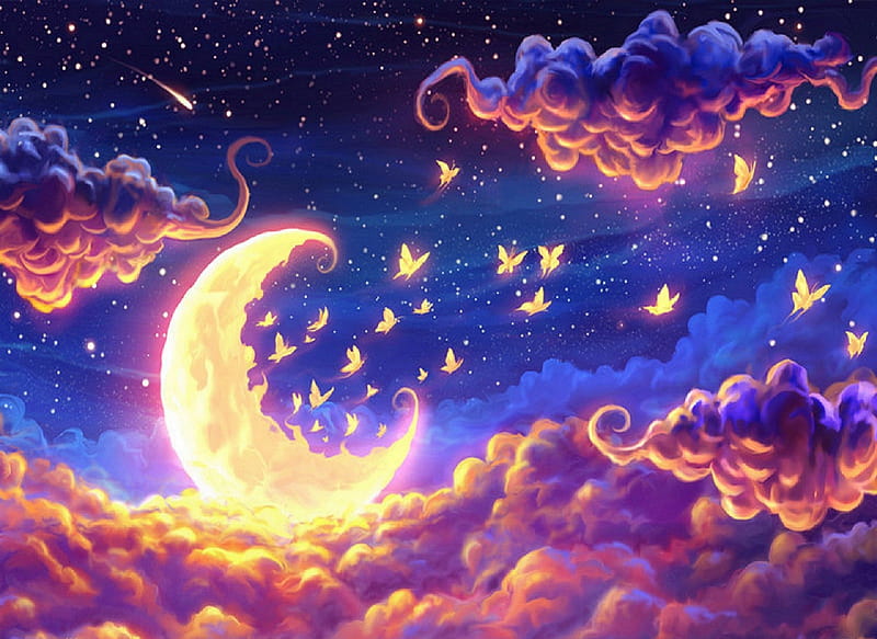 ✫Dreamy Night✫, crescent moon, attractions in dreams, bonito, digital art, clouds, fantasy, paintings, drawings, butterfly designs, night, moons, lovely, love four seasons, creative pre-made, butterflies, sky, flying, HD wallpaper