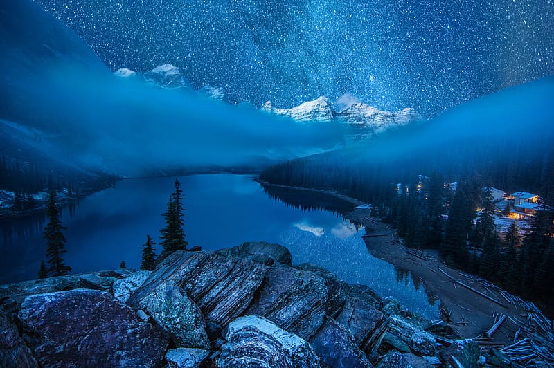 Winter, Stars, Night, Snow, Lake, Canada, Forest, Fog, Starry Sky, , Moraine Lake, HD wallpaper