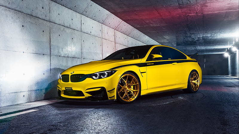 Bmw m4, yellow, luxury cars, side view, wall, headlights, Vehicle, HD ...